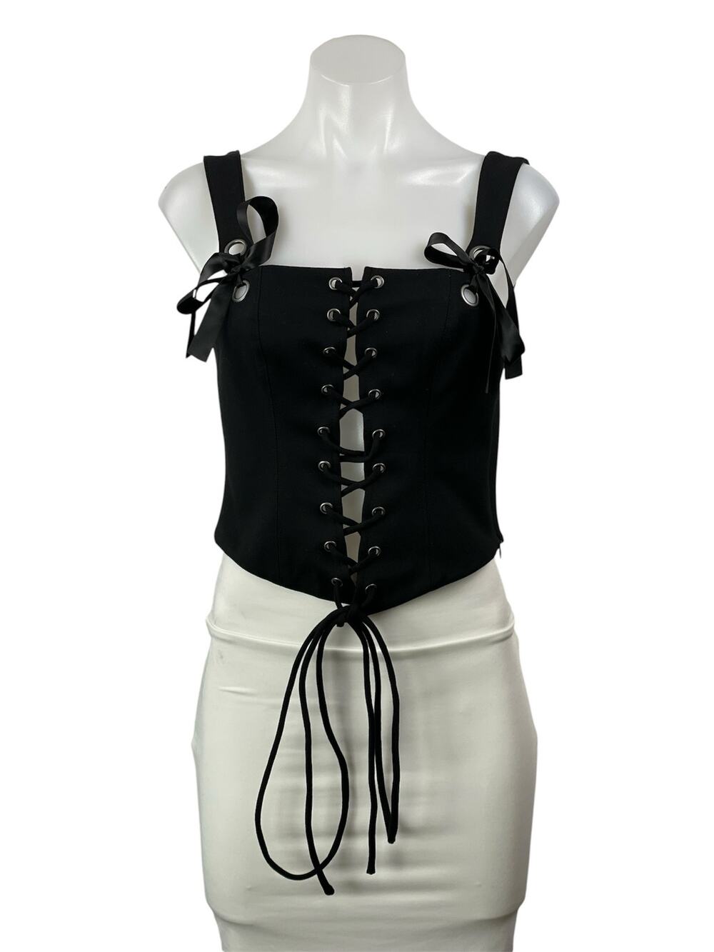Selkie Black Sleeveless Bow Lace Up Square Neck Bustier Corset Crop Top Size M
